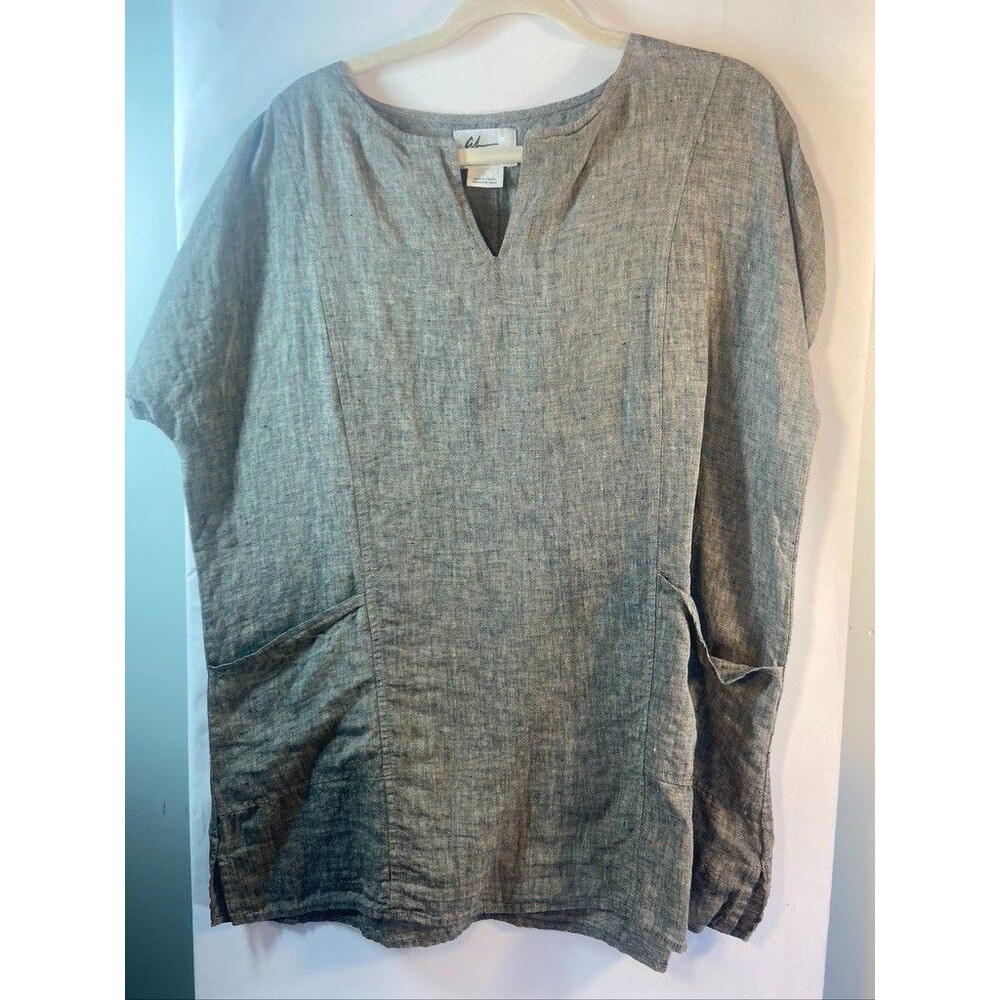 AJ ANDREA JOVINE GRAY LINEN BOXY WOMENS LARGE SHORT SLEEVE SHIRT NWT